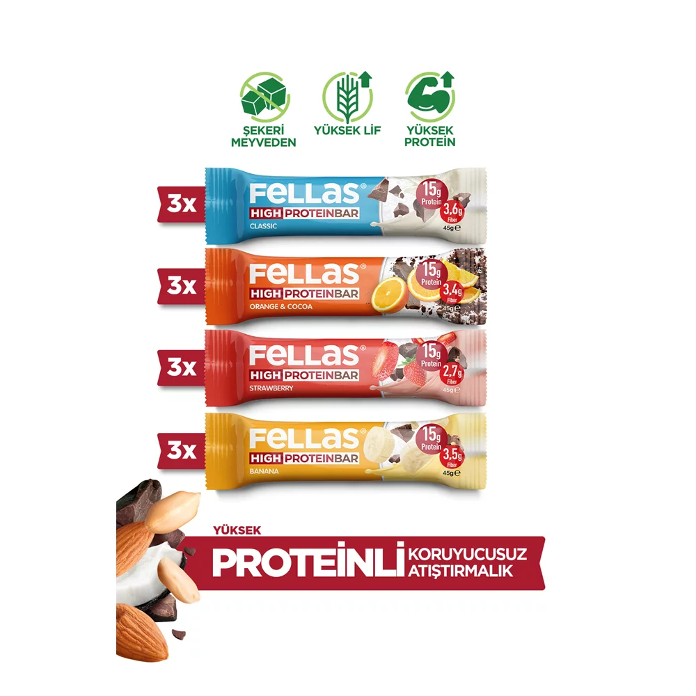 Yüksek Protein Bar (45 g) Karma Kutu - 12 Adet (4 Çeşit)