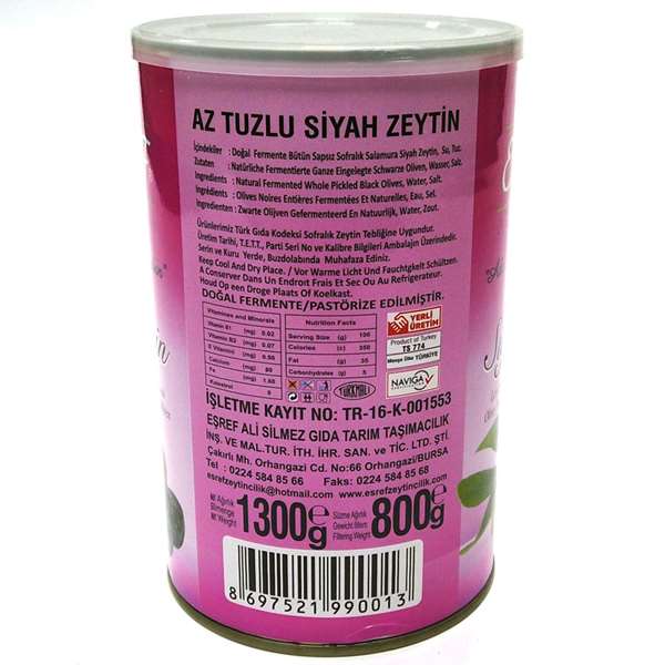 Gemlik Siyah Zeytin - Az Tuzlu Siyah İri Zeytin 800g