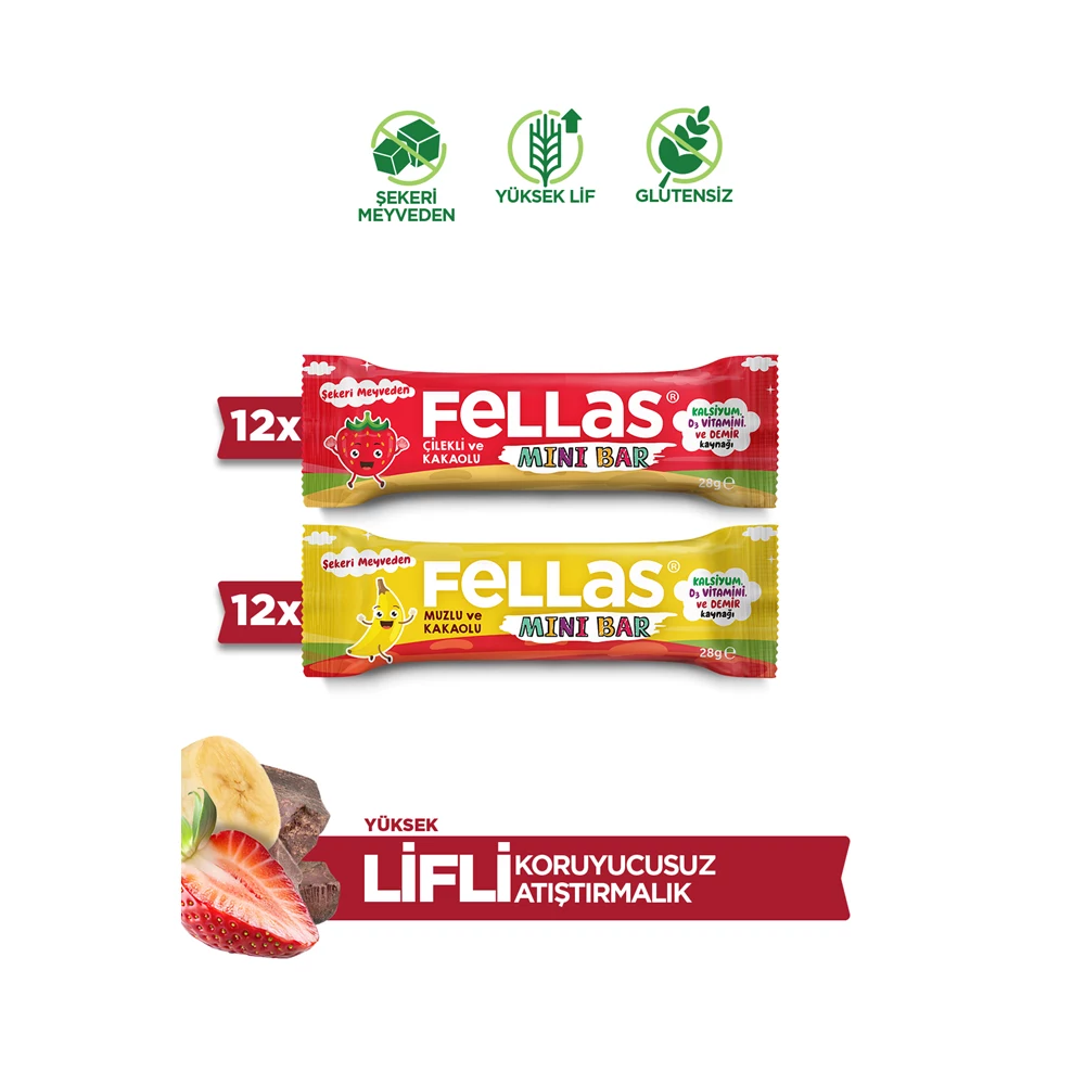 Mini Meyve Bar (28 g) Süper İkili Kutu - 24 Adet (Muzlu ve Kakaolu x 12 + Çilekli ve Kakaolu x 12)